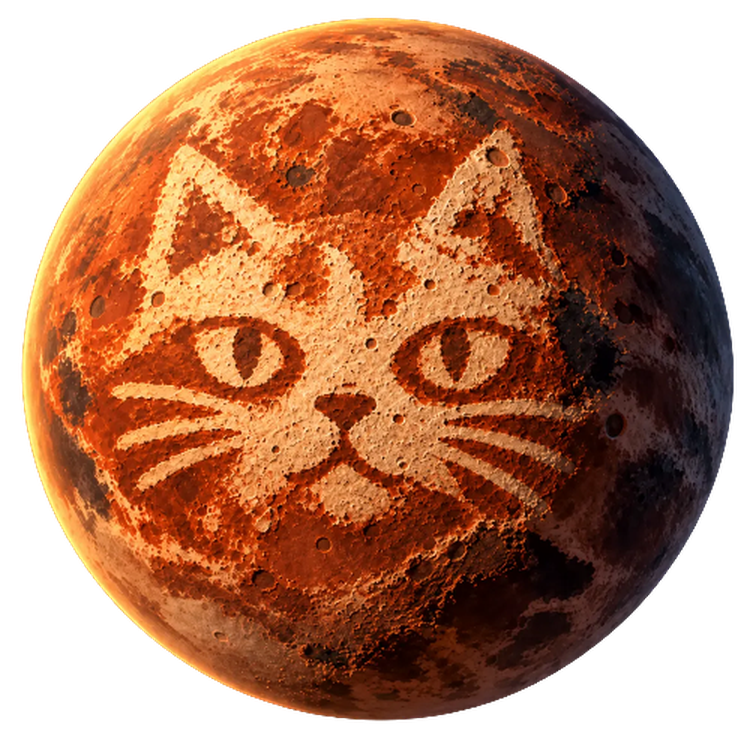 Cat's Planet: a rust-red cratered world whose highlands form a cat's face with ears, eyes, nose and whiskers