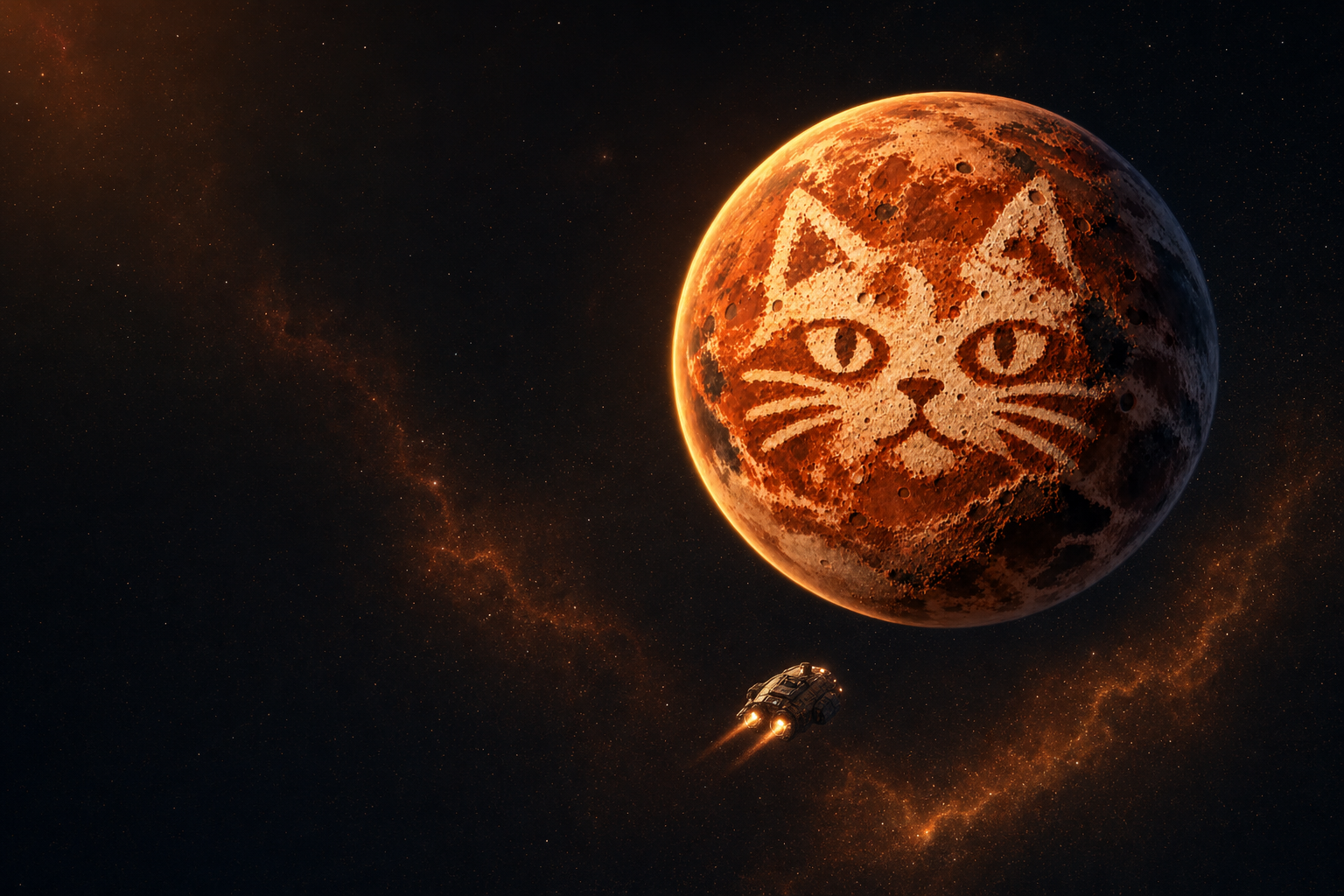 A small survey ship approaching the cat-faced planet through rust-coloured starlight