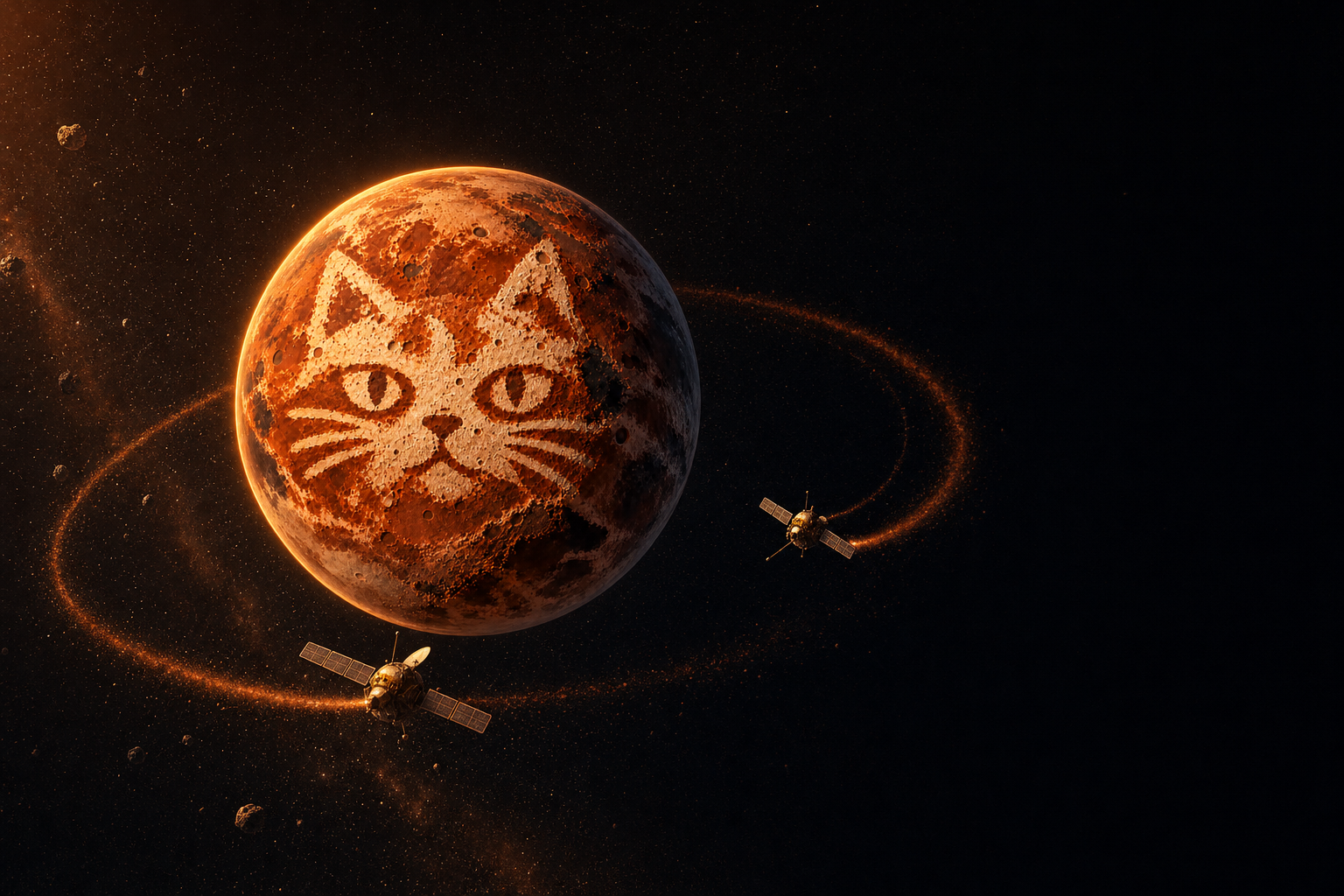 Two probes circling the cat-faced planet inside a ring of orange dust