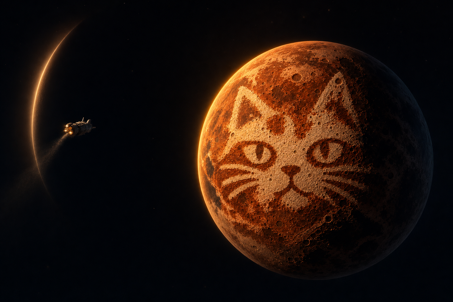 The cat-faced planet half in shadow as a ship departs past a thin crescent