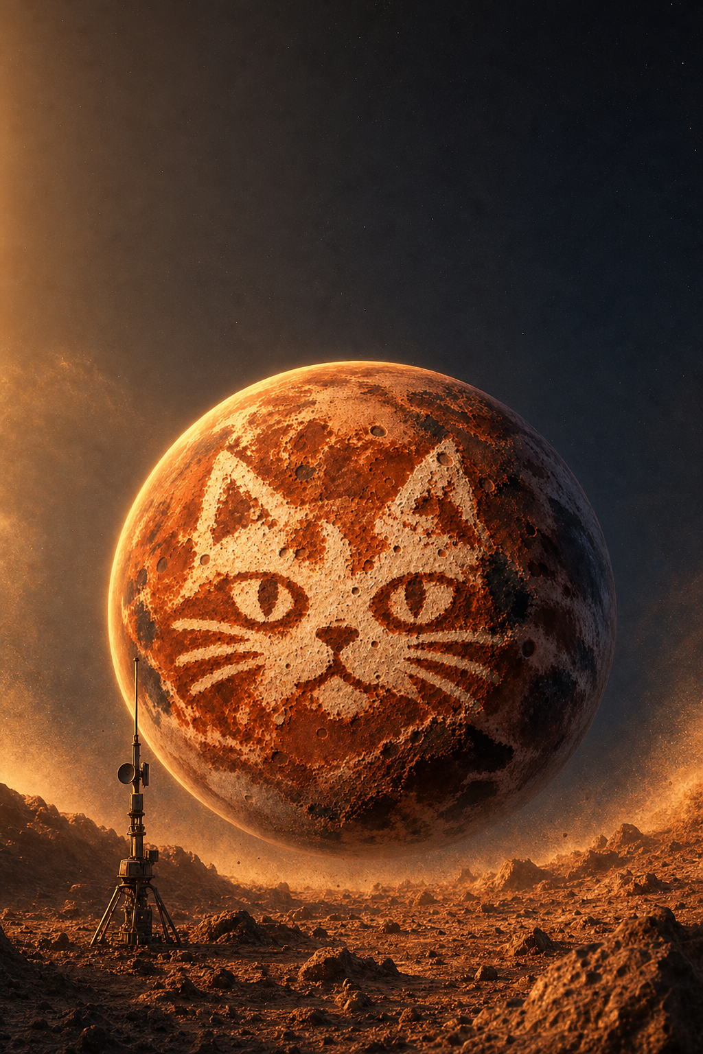 The cat-faced planet rising over a rust-coloured surface beside an antenna mast